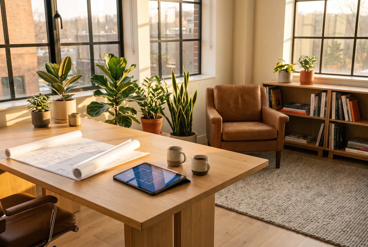 Kantoortafel met technische tekeningen, een tablet en koffie in het middaglicht